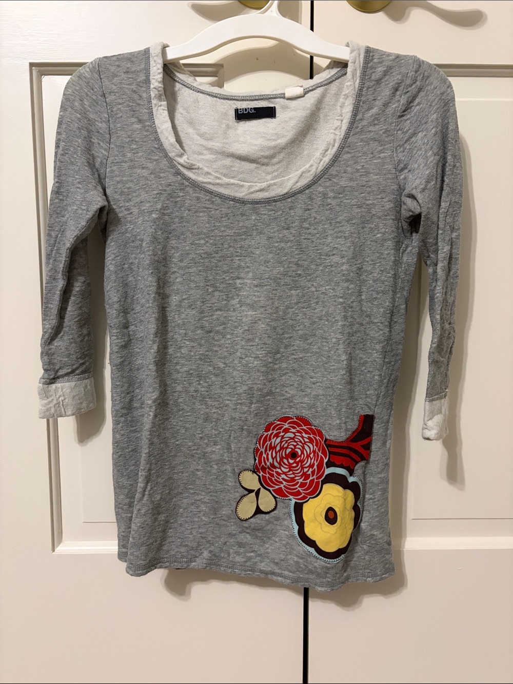 BDG Gray 3/4-Sleeve Tee with Red and Yellow Floral Appliqué